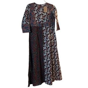 NWT! Jaipur Kurti Indian Multi Pattern Long Kurta Dress, Burgundy & Blue Floral